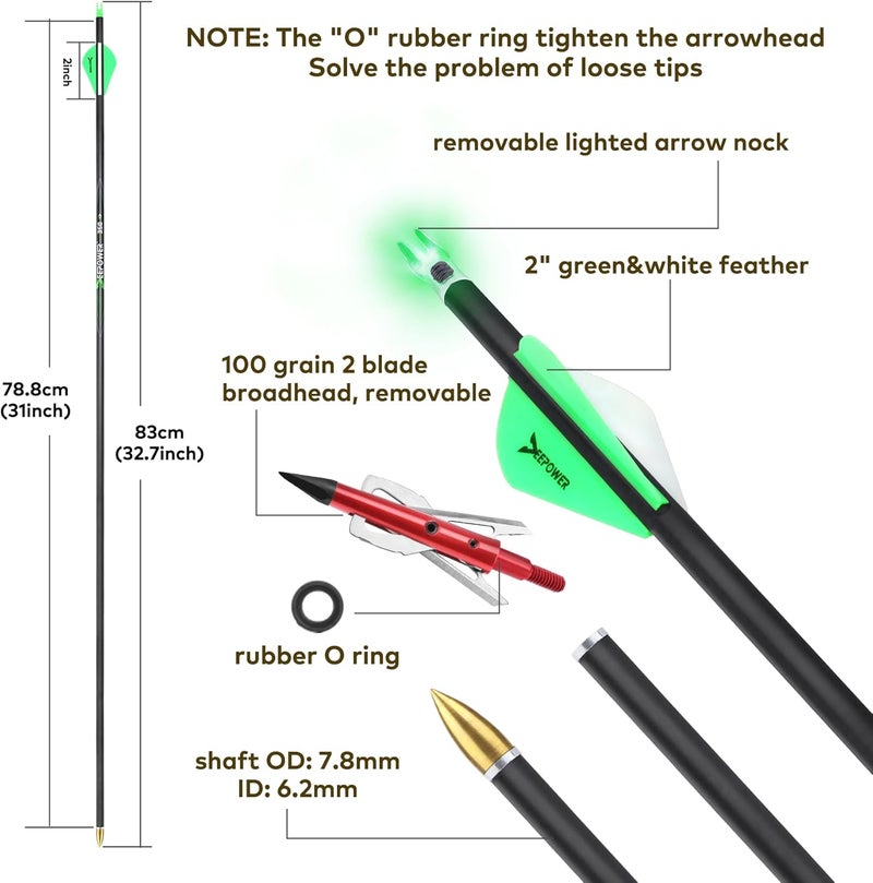 DEEPOWER Store 6 Pack 31-inch Carbon Arrows with Mechanical Broadheads and Lighted Nocks for Compound Bow and Recurve Bow - Image 1